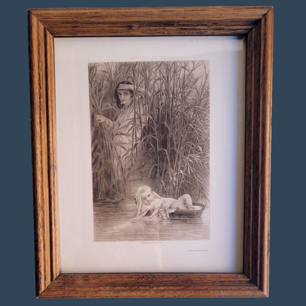 Vintage 1970s Oak Framed Moses in the Bullrushes by Paul Delaroche Circa 1852